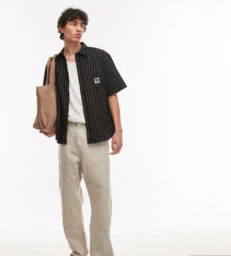 Carhartt WIP drewe short sleeve heart stripe shirt in black - Image 3