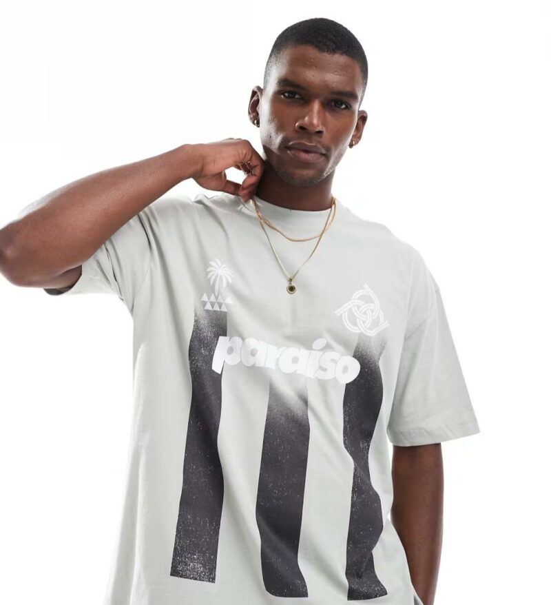 ASOS DESIGN oversized striped t-shirt with sports graphic in light grey