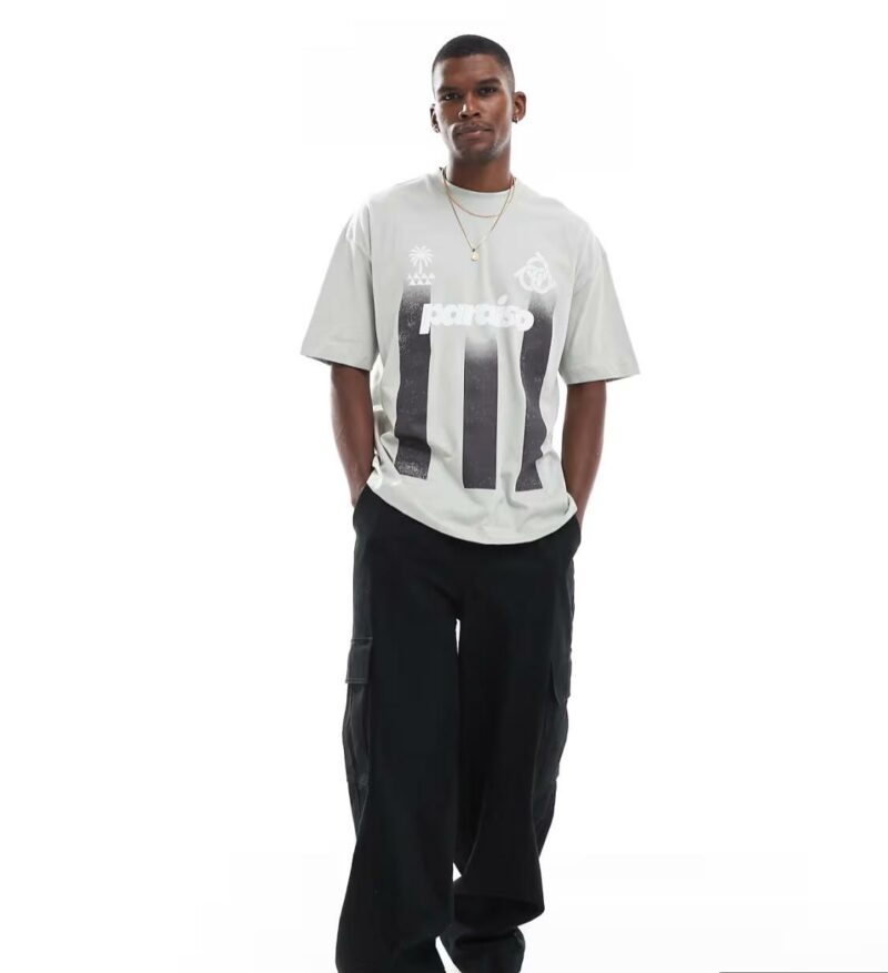 ASOS DESIGN oversized striped t-shirt with sports graphic in light grey - Image 4