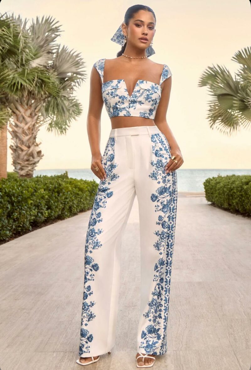 Blue Porcelain Print Wide-Leg Trousers