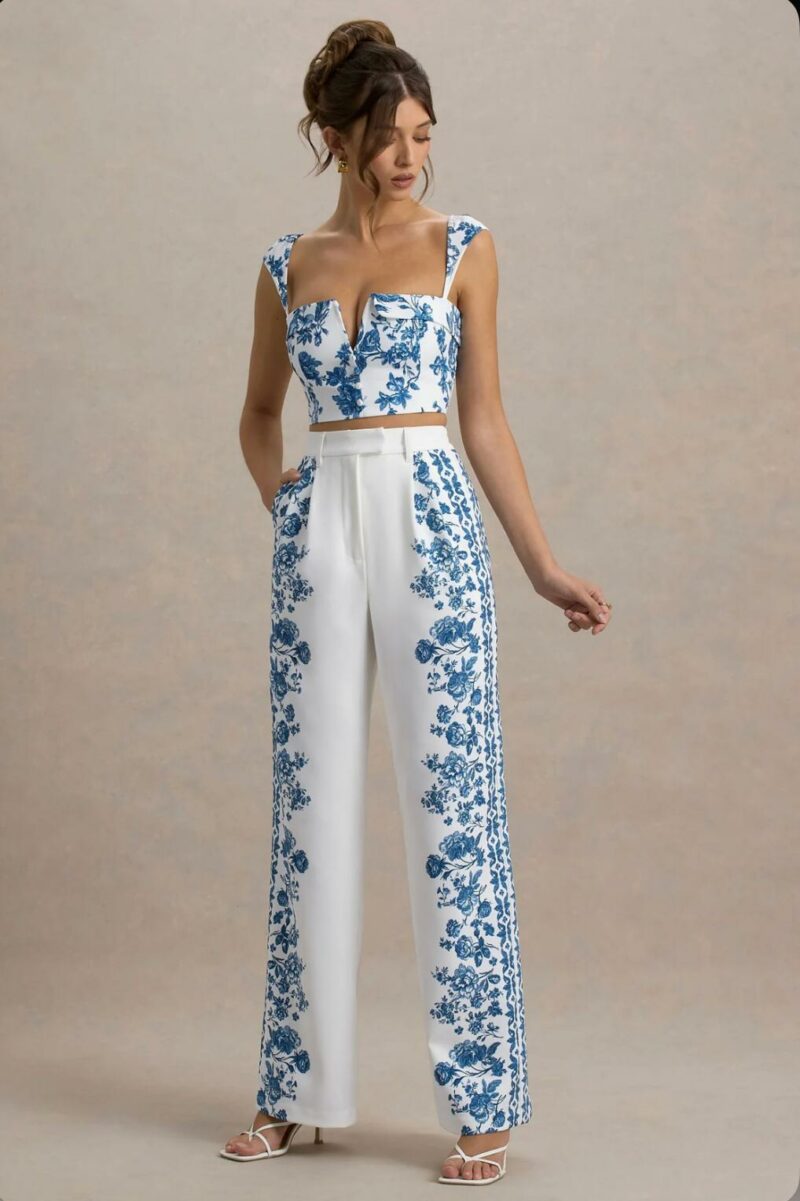Blue Porcelain Print Wide-Leg Trousers - Image 2