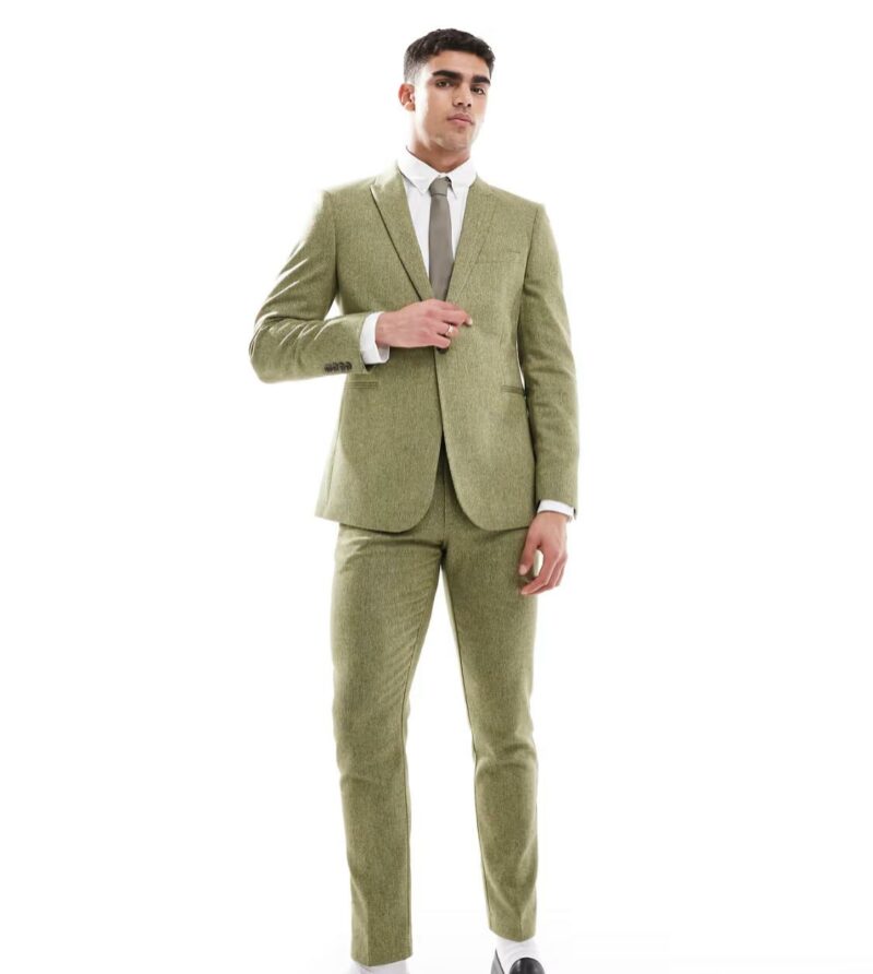 ASOS DESIGN skinny fit wool mix suit in olive basketweave texture