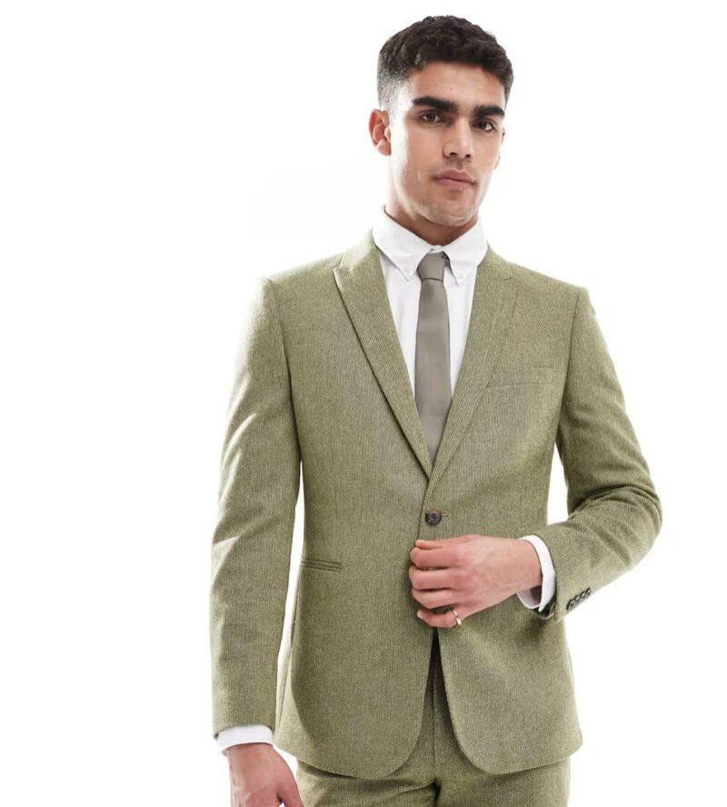 ASOS DESIGN skinny fit wool mix suit in olive basketweave texture - Image 2