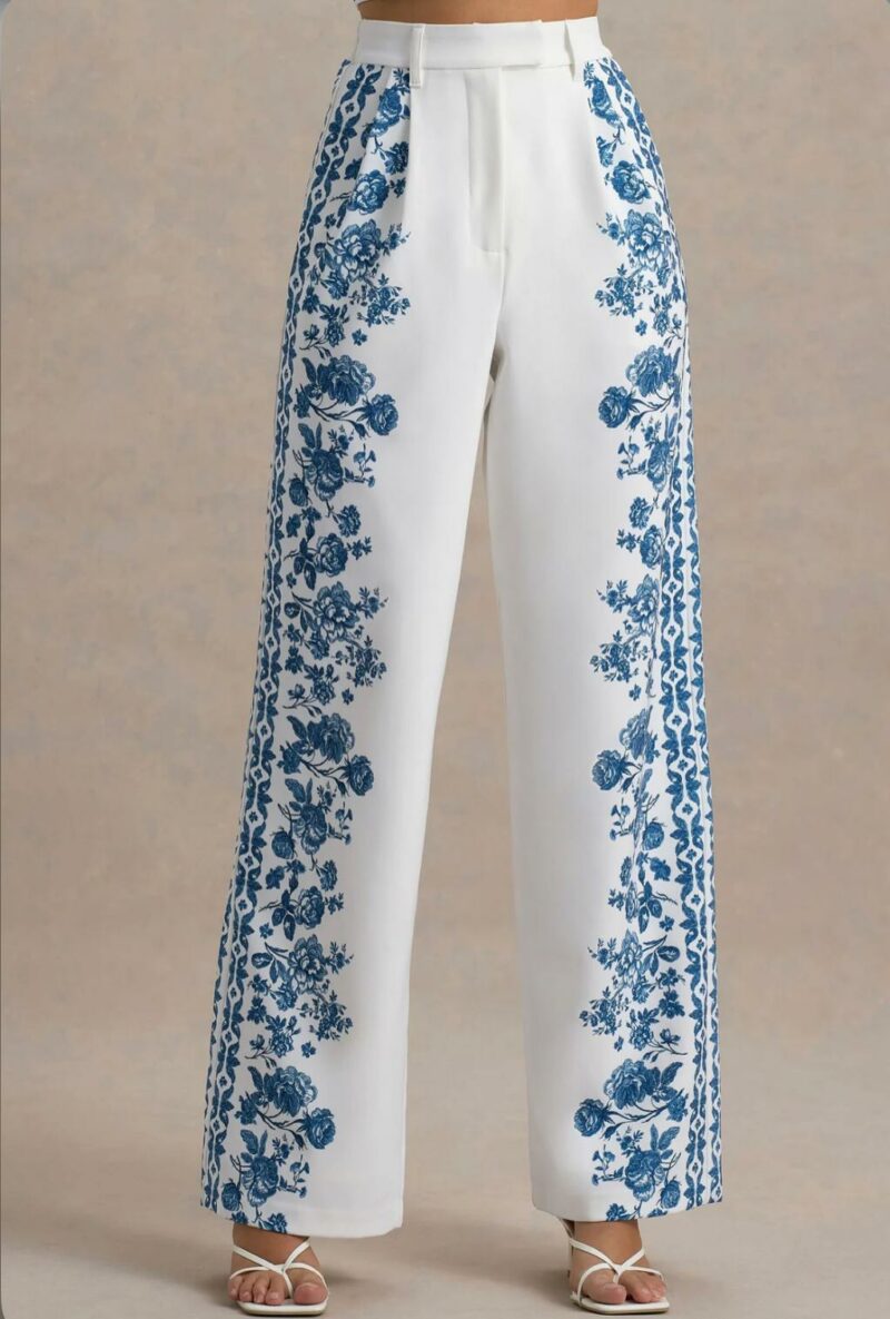 Blue Porcelain Print Wide-Leg Trousers - Image 4