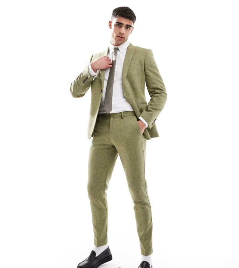 ASOS DESIGN skinny fit wool mix suit in olive basketweave texture - Image 3