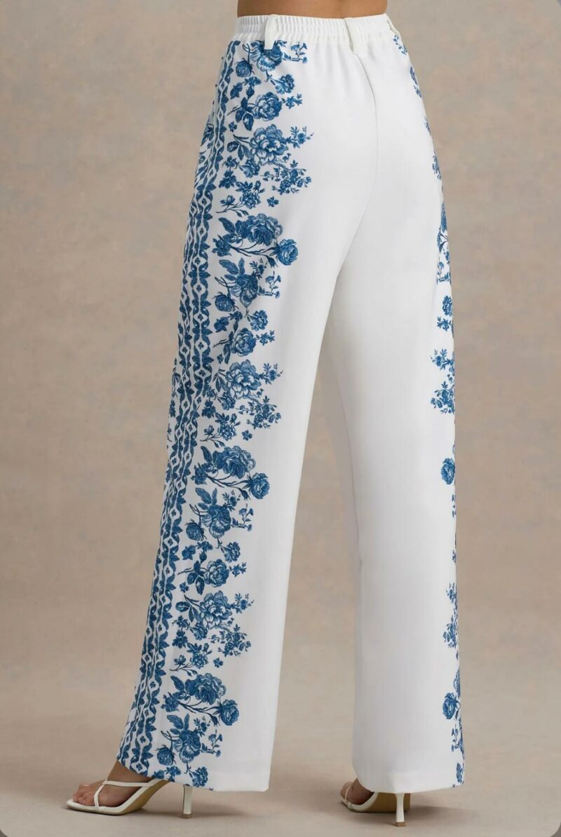 Blue Porcelain Print Wide-Leg Trousers - Image 5
