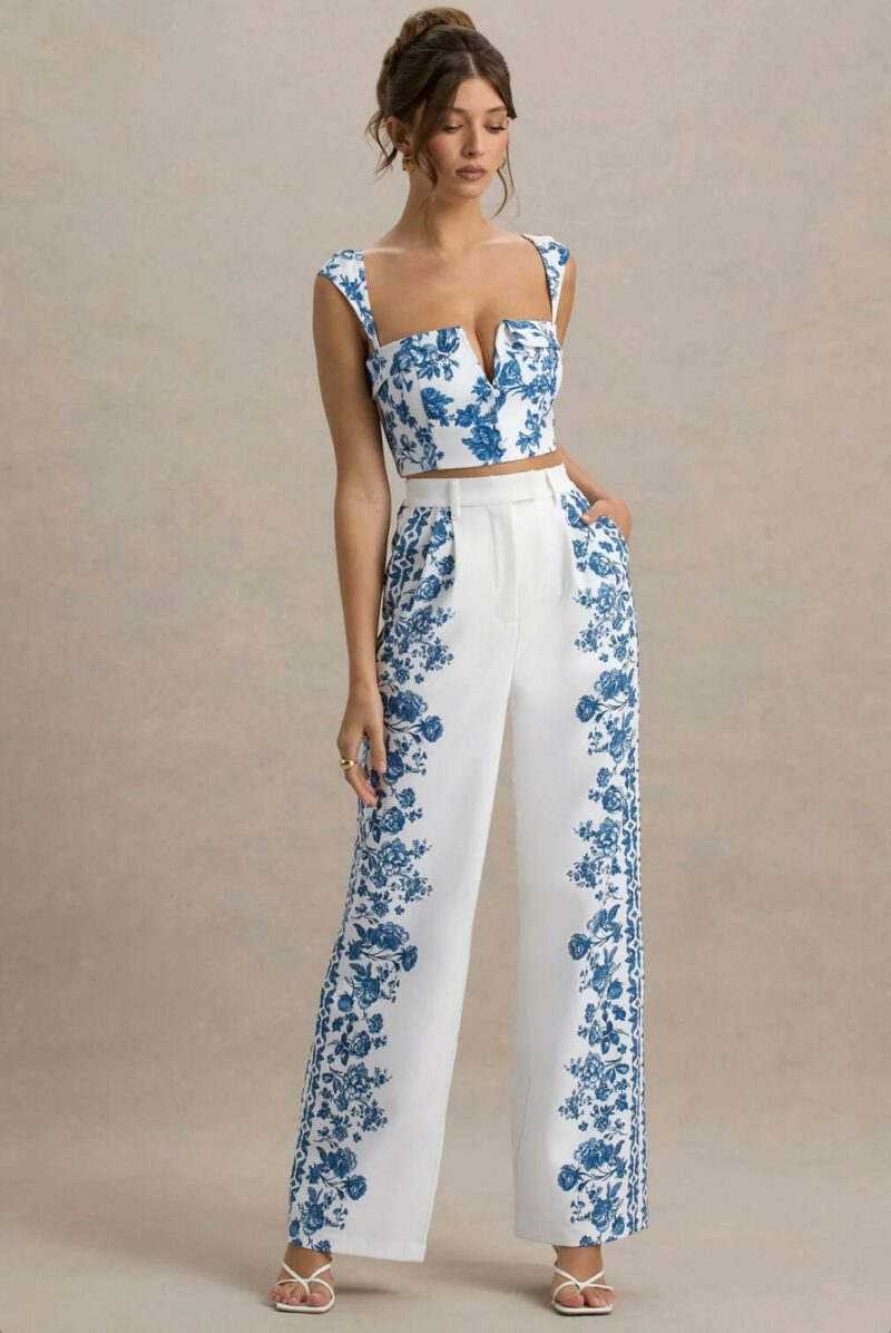 Blue Porcelain Print Wide-Leg Trousers - Image 6