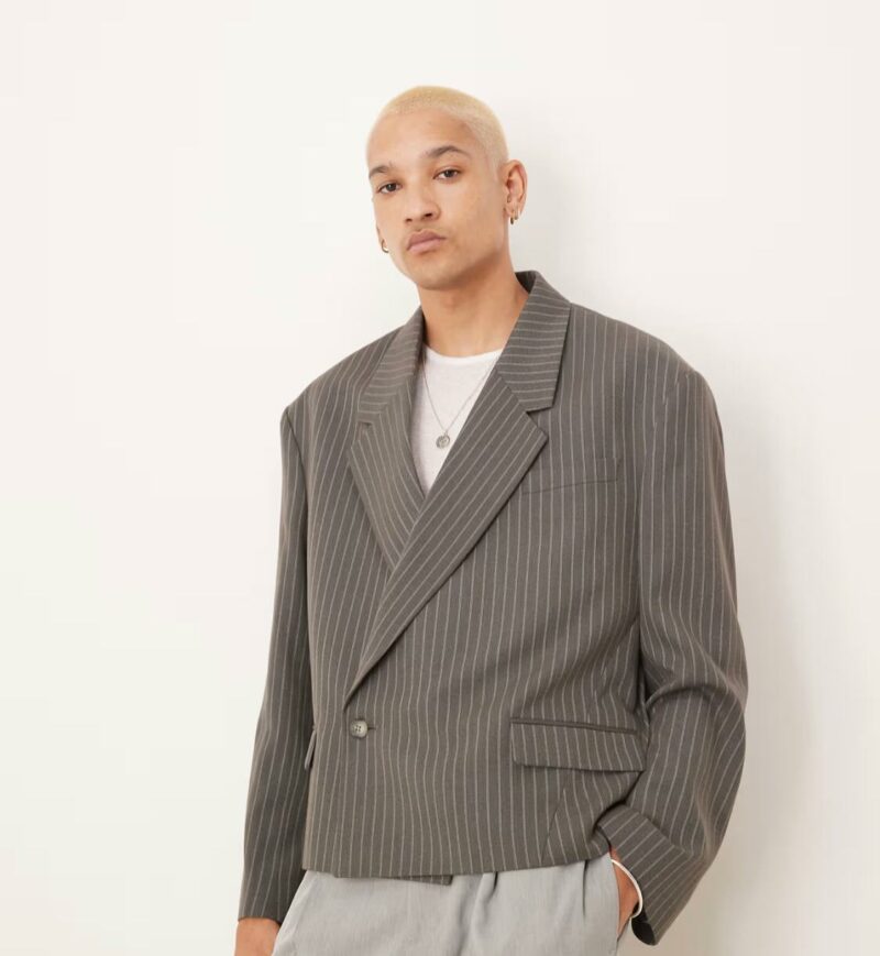 ASOS DESIGN double breasted extreme oversized cropped blazer in grey pinstripe