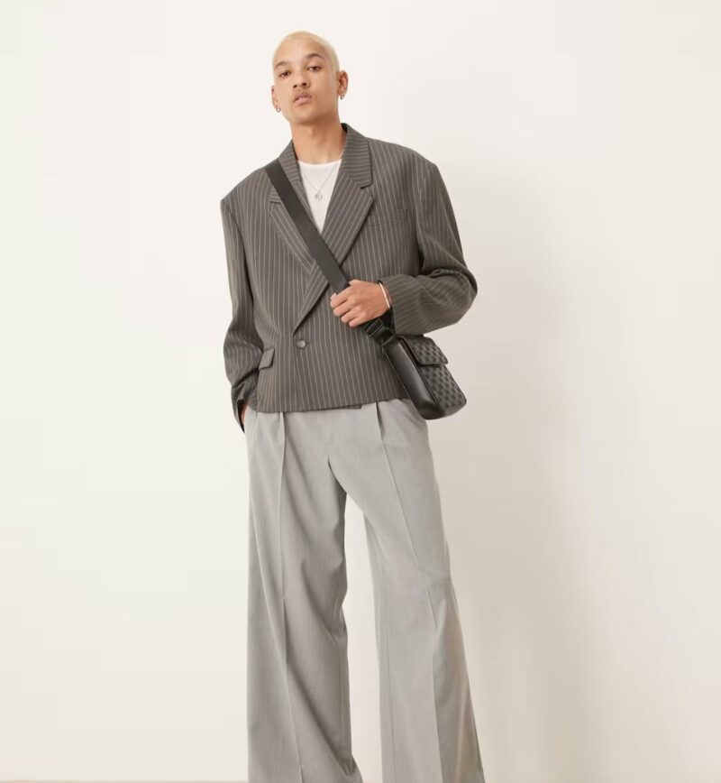 ASOS DESIGN double breasted extreme oversized cropped blazer in grey pinstripe - Image 2