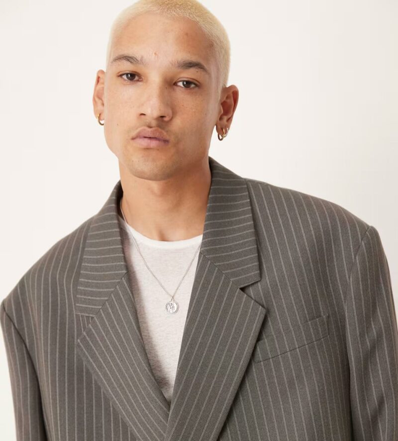 ASOS DESIGN double breasted extreme oversized cropped blazer in grey pinstripe - Image 3
