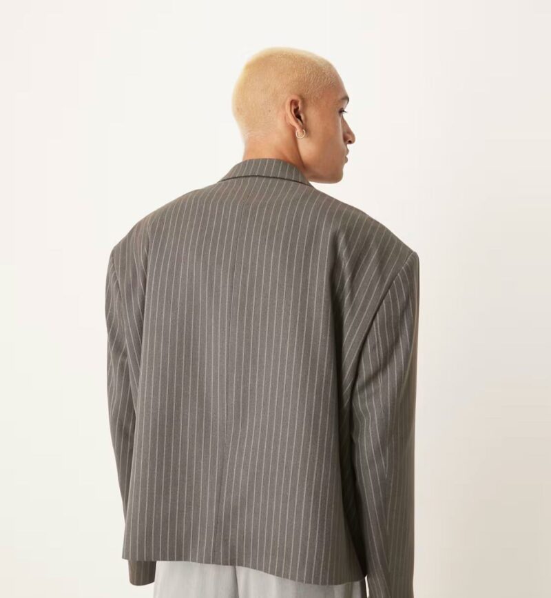 ASOS DESIGN double breasted extreme oversized cropped blazer in grey pinstripe - Image 4