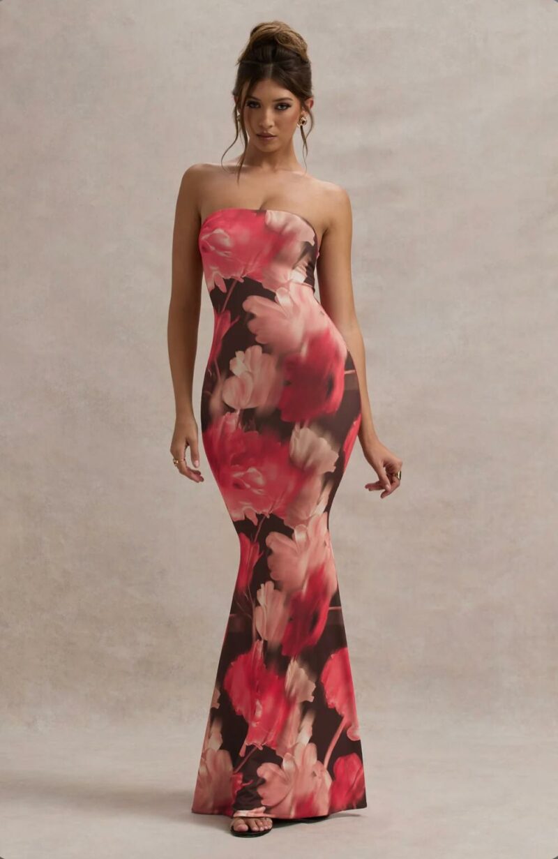 Red Floral Print Bandeau Fishtail Maxi Dress