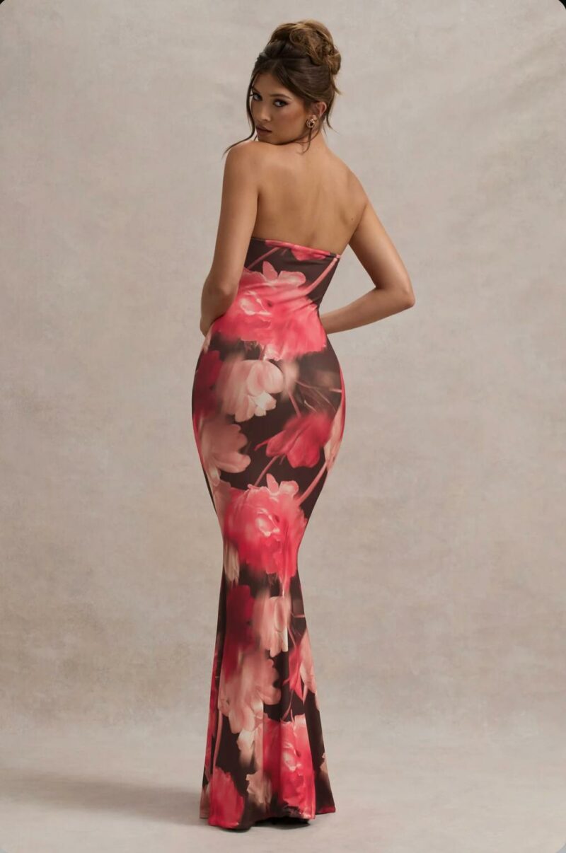 Red Floral Print Bandeau Fishtail Maxi Dress - Image 3