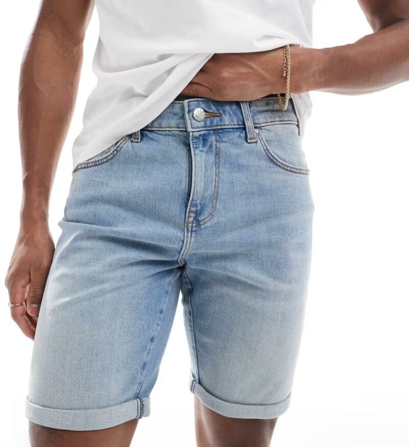 ASOS DESIGN straight slim short in light wash blue - Image 3