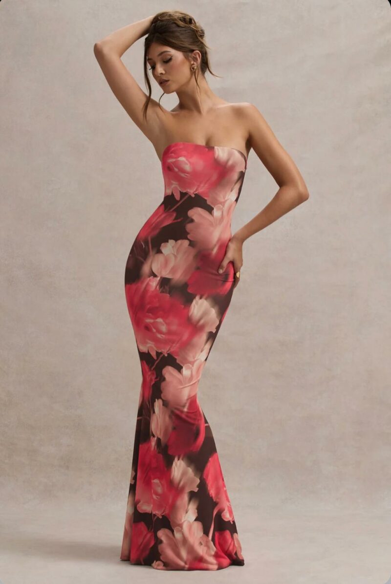 Red Floral Print Bandeau Fishtail Maxi Dress - Image 4
