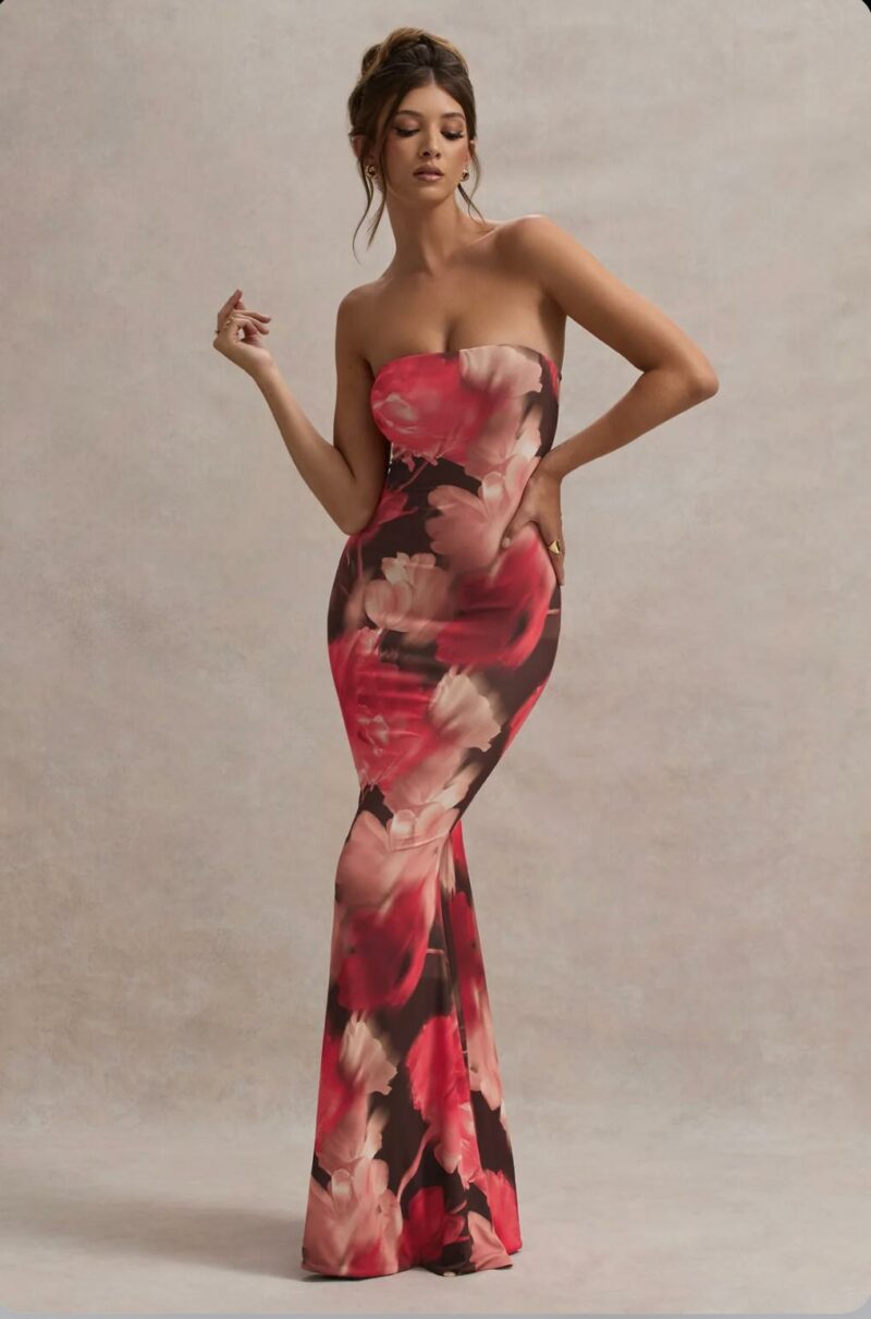 Red Floral Print Bandeau Fishtail Maxi Dress - Image 5