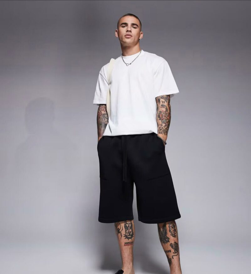 ASOS DESIGN oversized longer length scuba shorts in black