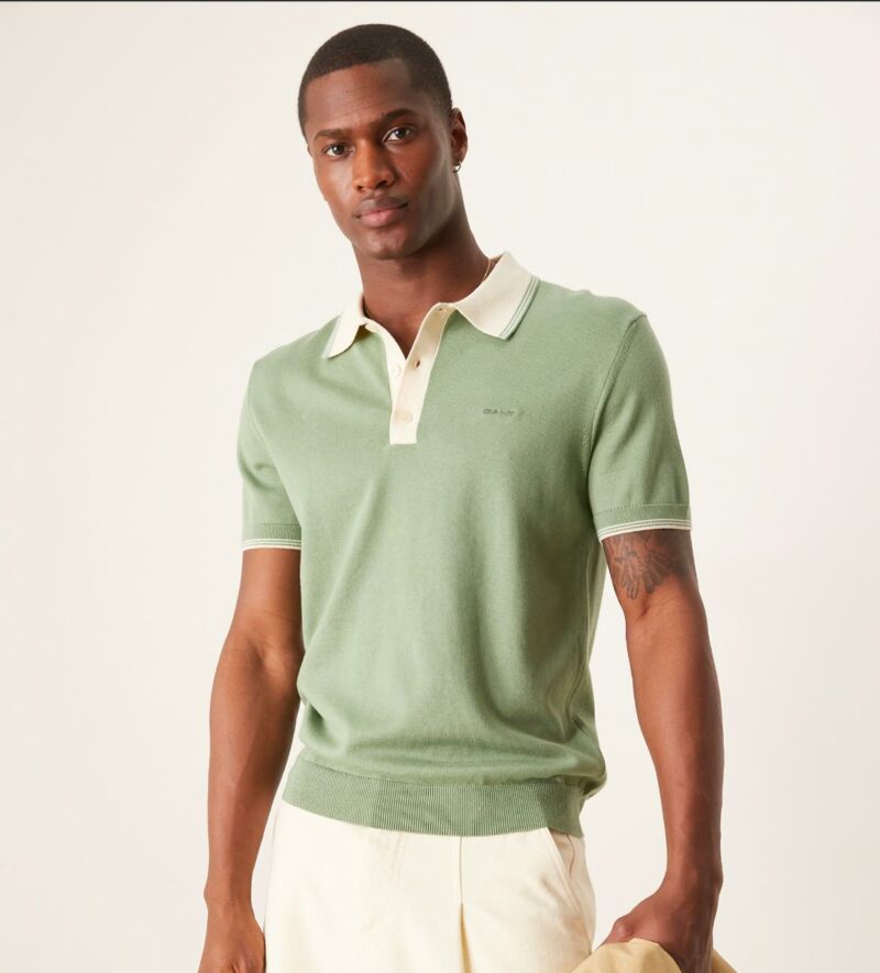 GANT logo short sleeve tipped knit polo in light green