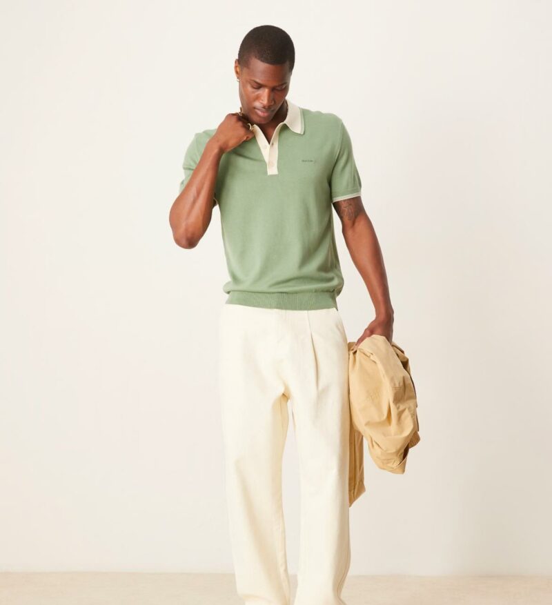 GANT logo short sleeve tipped knit polo in light green - Image 3
