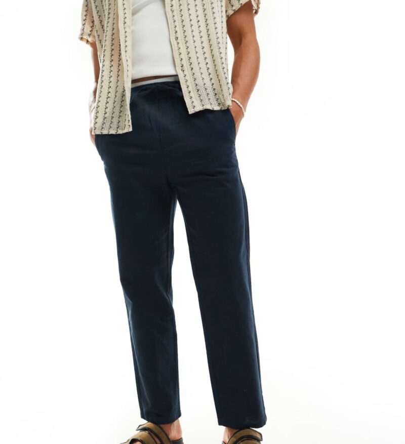 ONLY & SONS loose linen mix loose fit trousers in navy